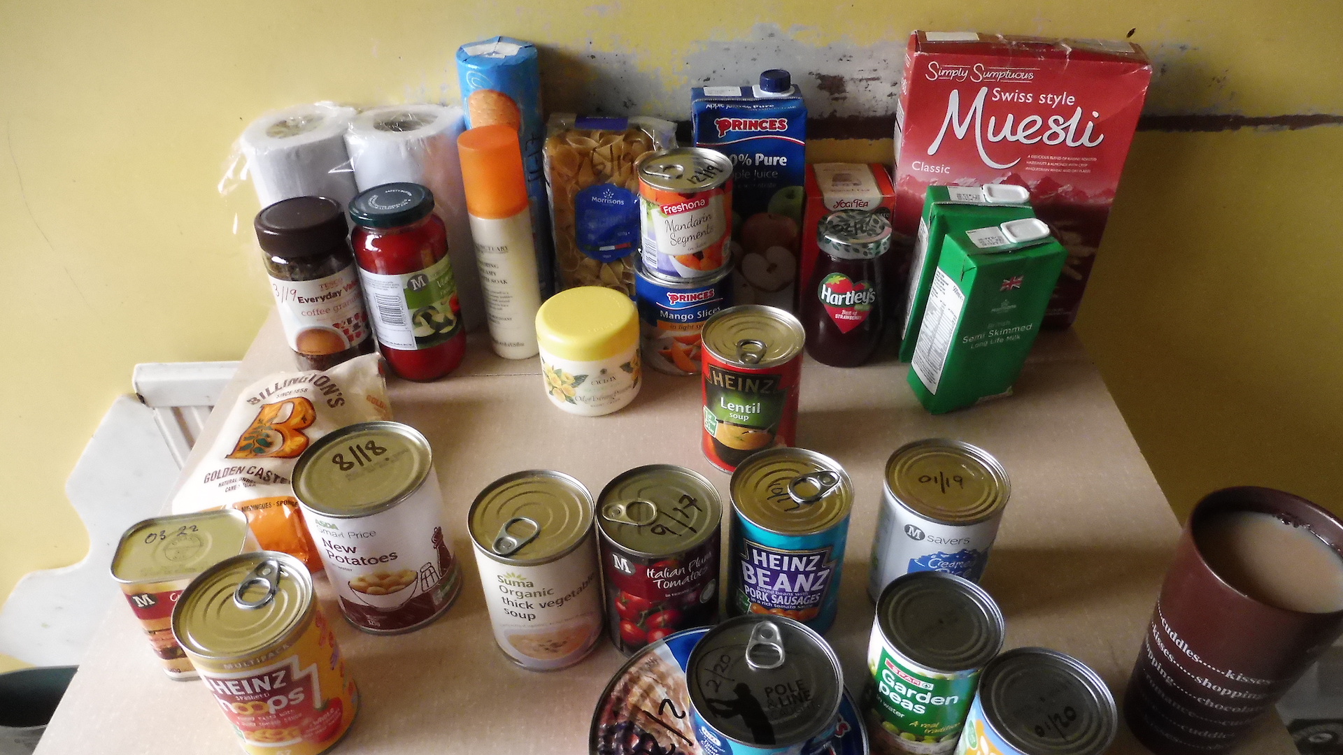 Food cans and dried goods/ Find a food bank