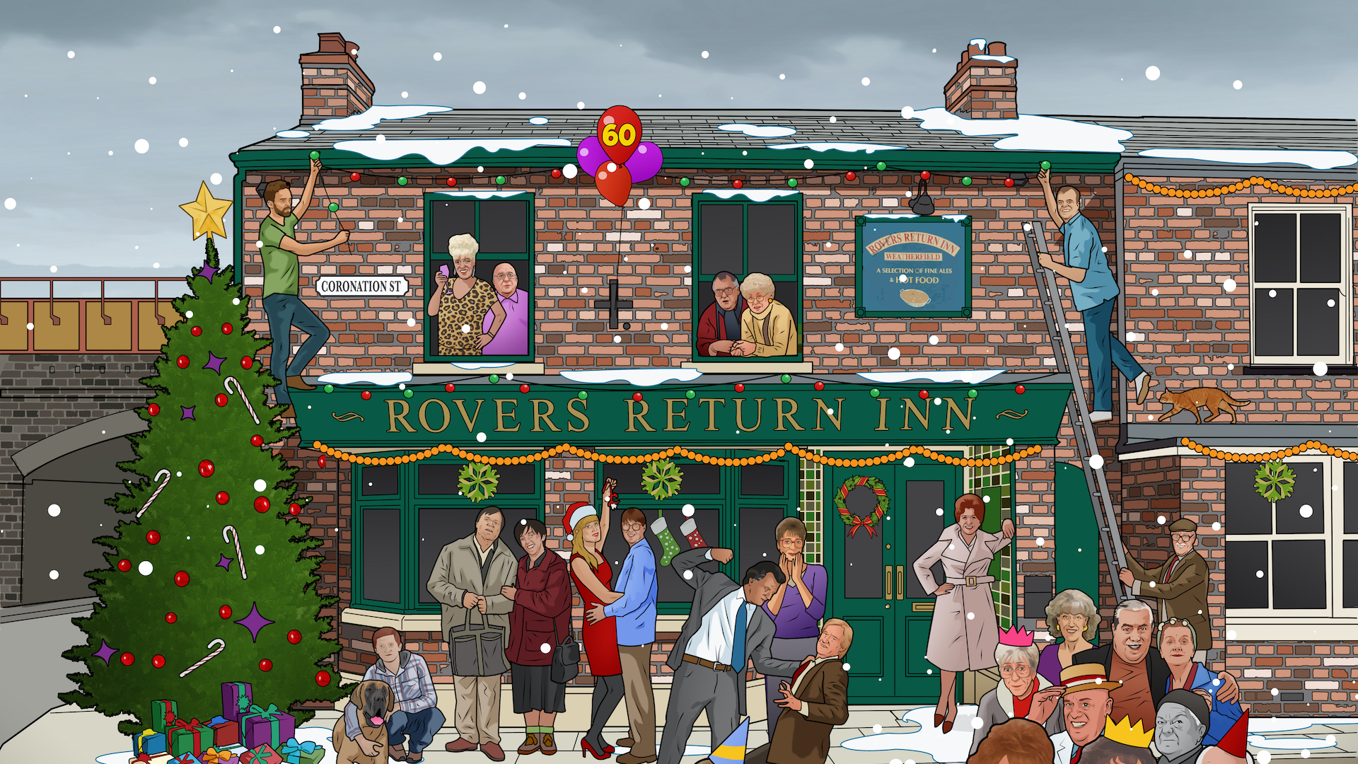 A cartoon of the famous Coronation Street pub the Rovers Return Inn celebrating the 60th anniversary