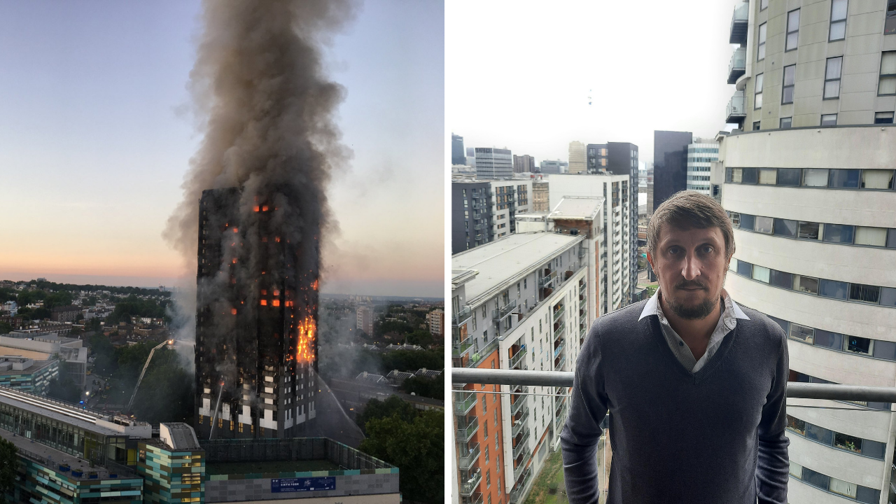 Left: An image of Grenfell tower in west London burning during fire of June 2017. Right, Stephen Squires, who faces huge monthly bills due to cladding issues in his building.