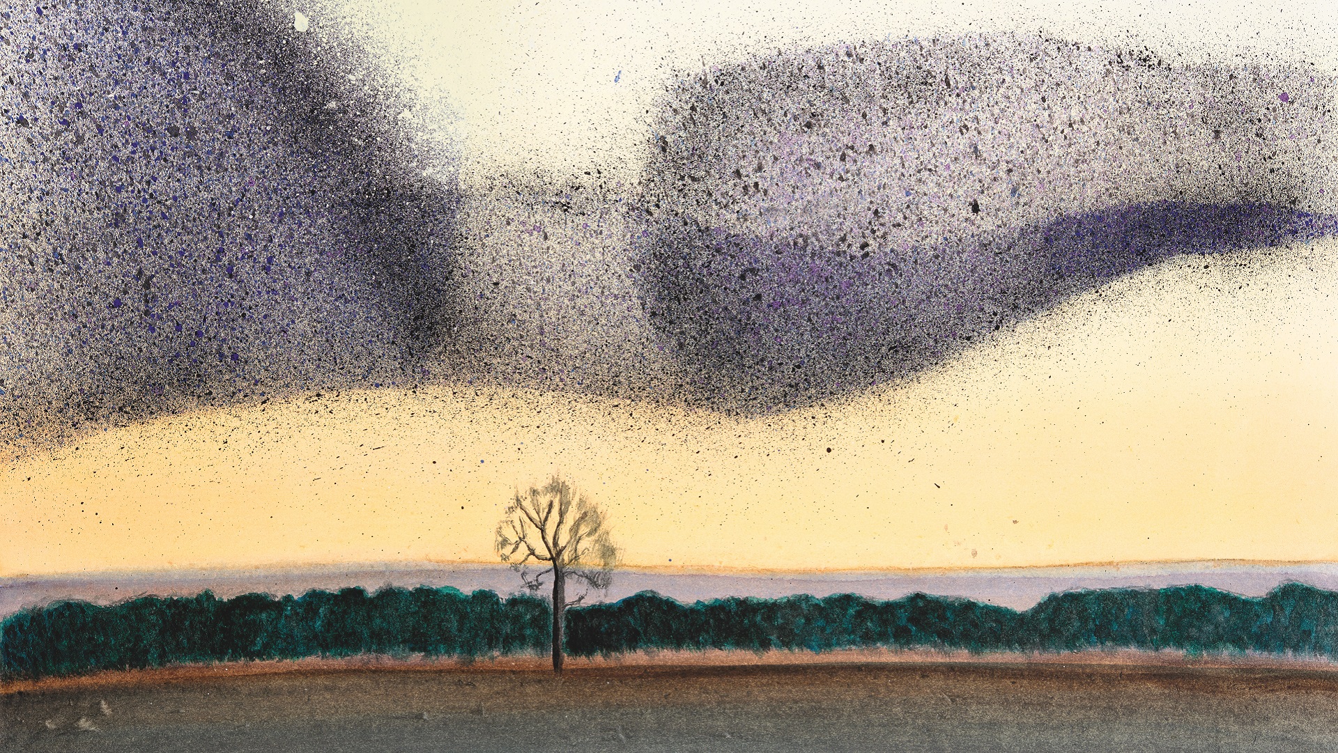 a painting of a murmuration in nature