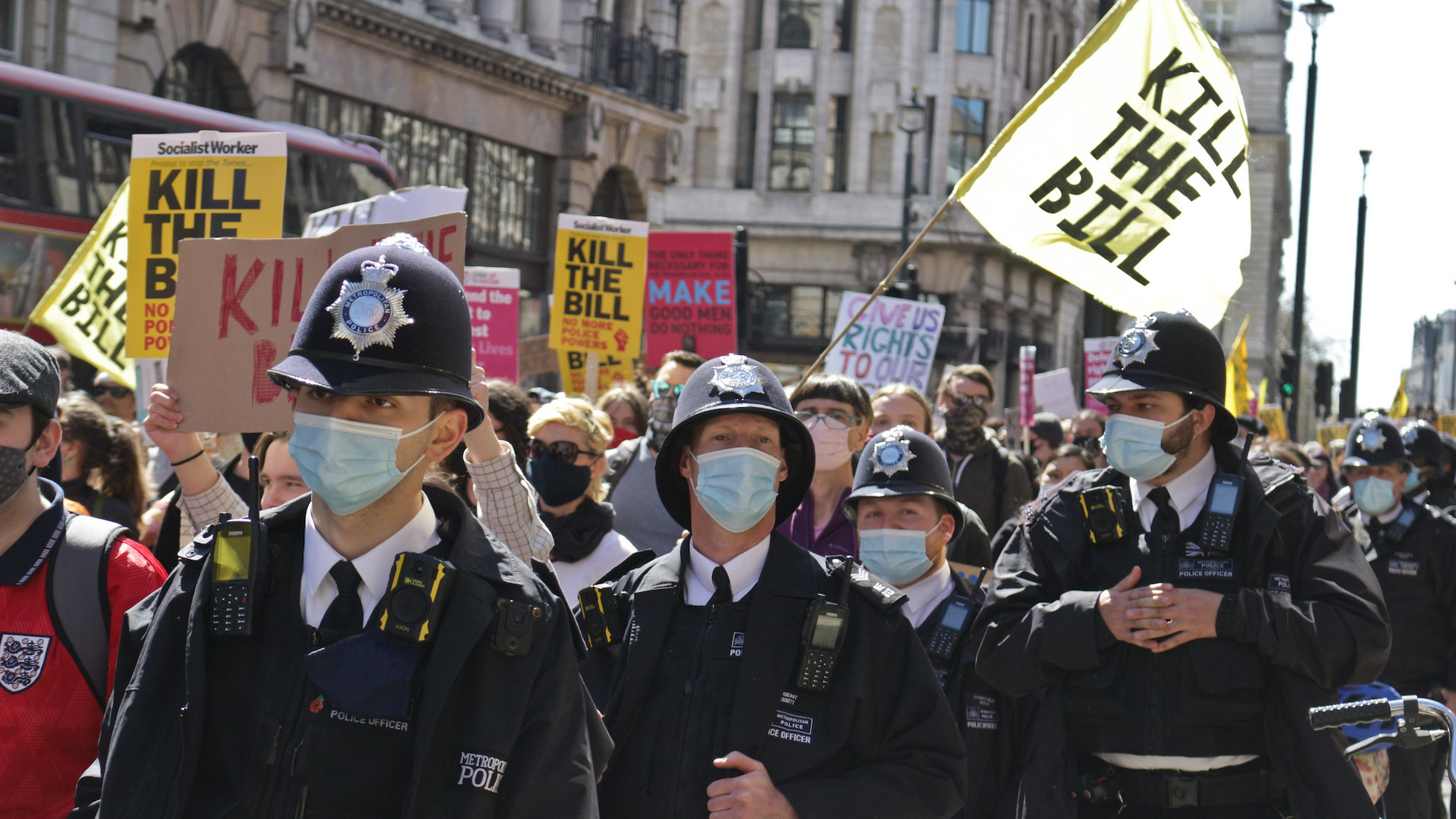 Protestors and police at a Kill the Bill march in central London, April 17