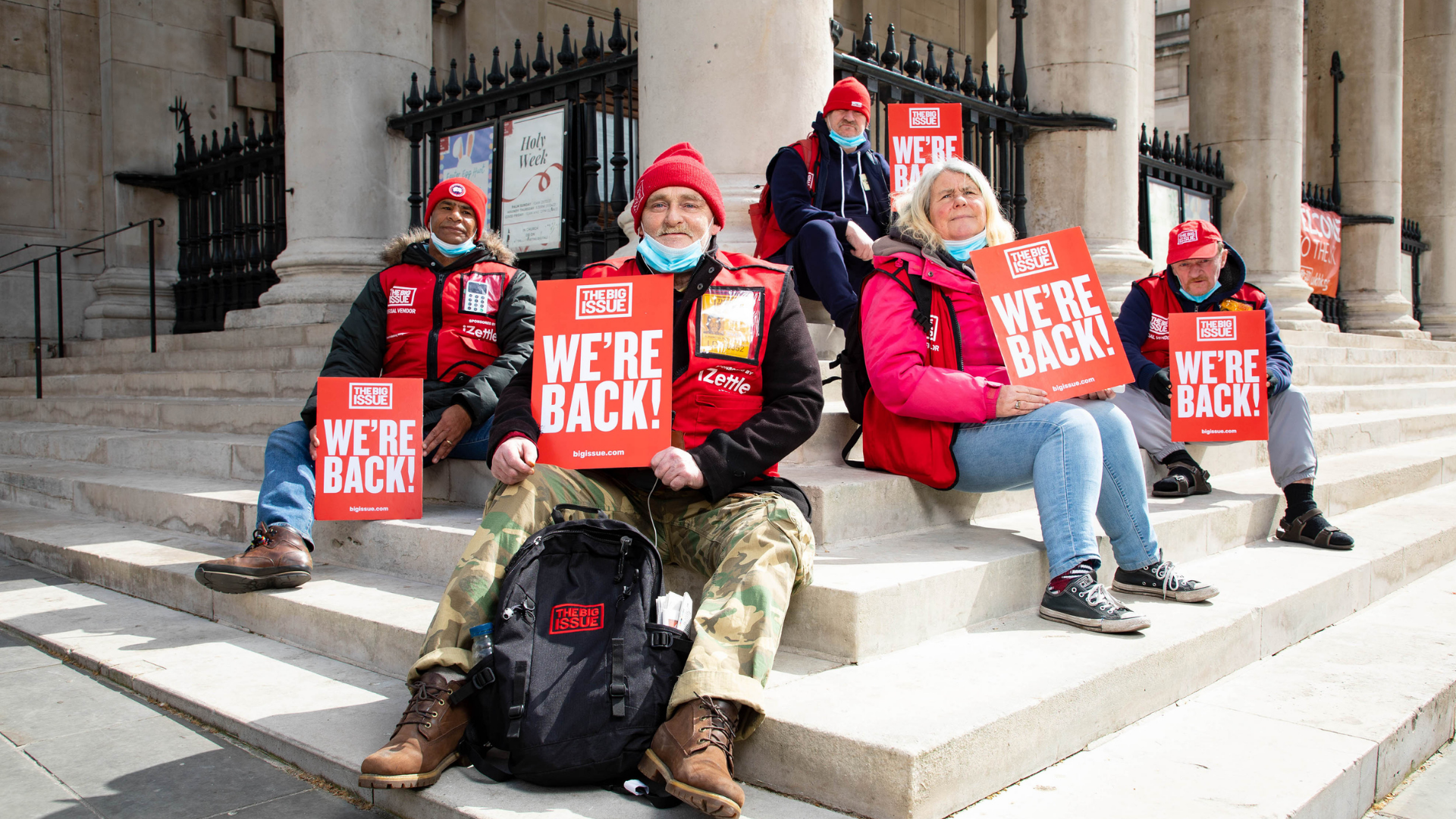 Vendors of The Big Issue mark the return of the magazine being sold, by meeting at St Martins in the Fields on Trafalgar Square, where the first-ever edition of the magazine was officially launched nearly 30 years ago. Image credit: David Parry/PA Wire