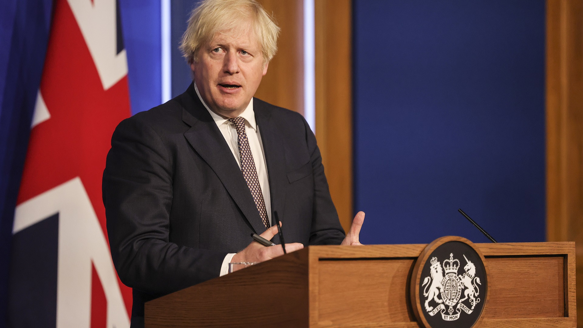 The Prime Minister Boris Johnson holds a press conference in No 9 Downing Street with Chief Scientific Adviser, Sir Patrick Vallance and Chief Medical Officer, Professor Chris Whitty on the ease of Covid-19 restrictions on July 19th 2021.