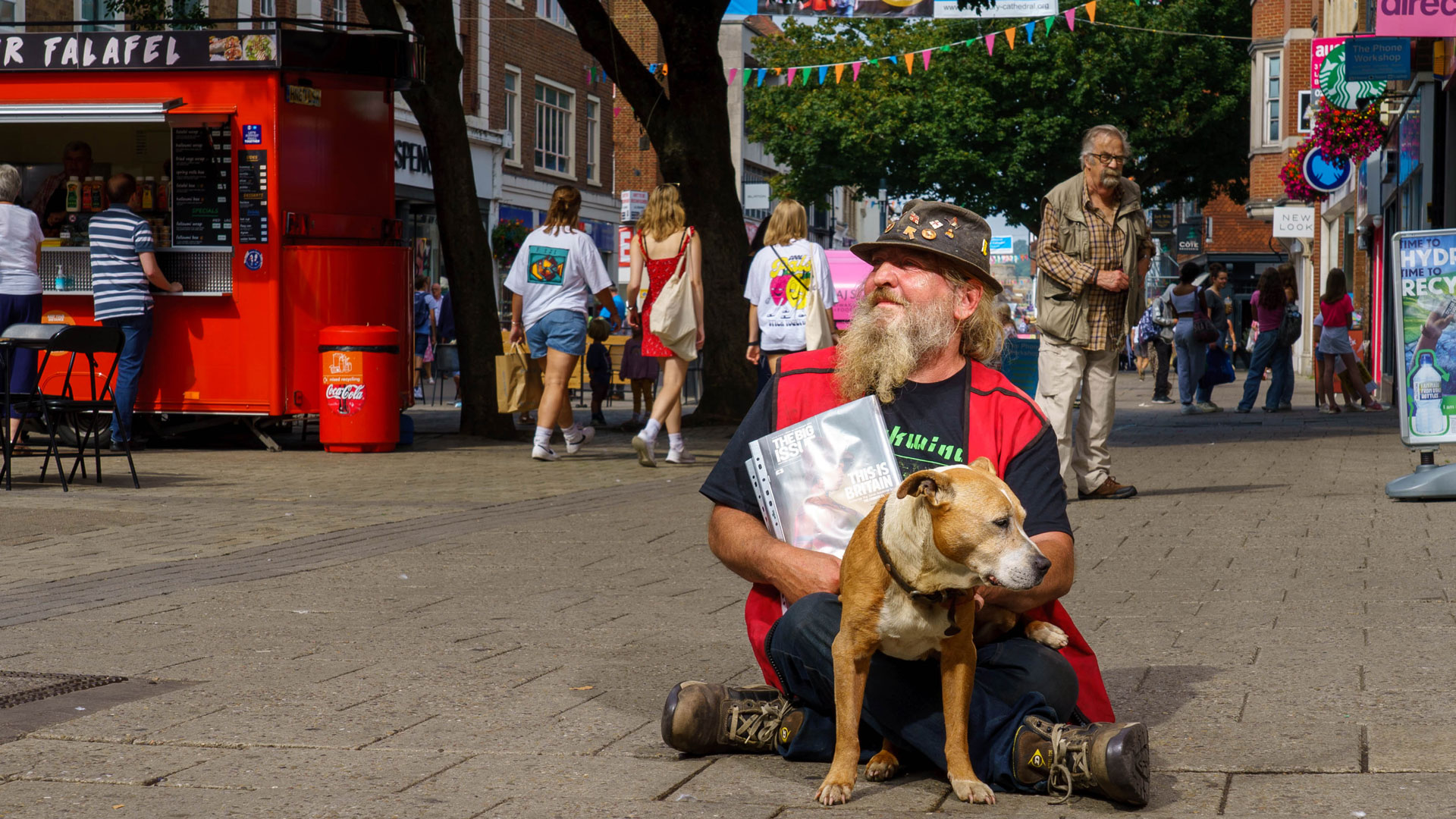 Darren Roberts sells the Big Issue on the high street in Canterbury