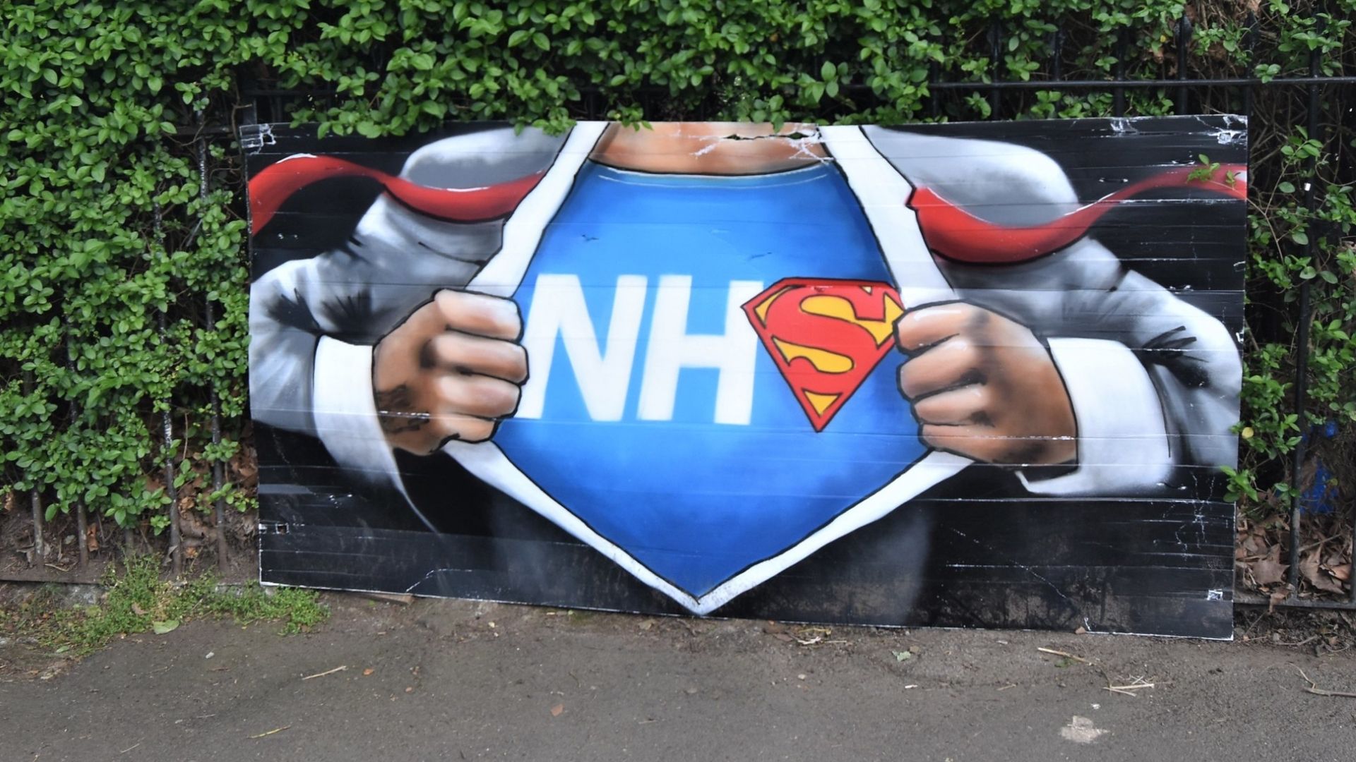 NHS superhero street art on Hilly Fields, Brockley, South London