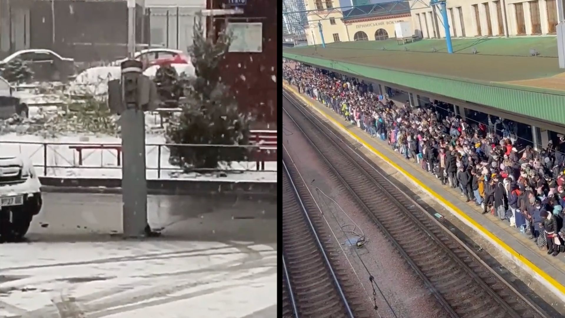 (l) A rocket embedded in the road in Kharkiv and (r) residents evacuating the capital Kyiv.
