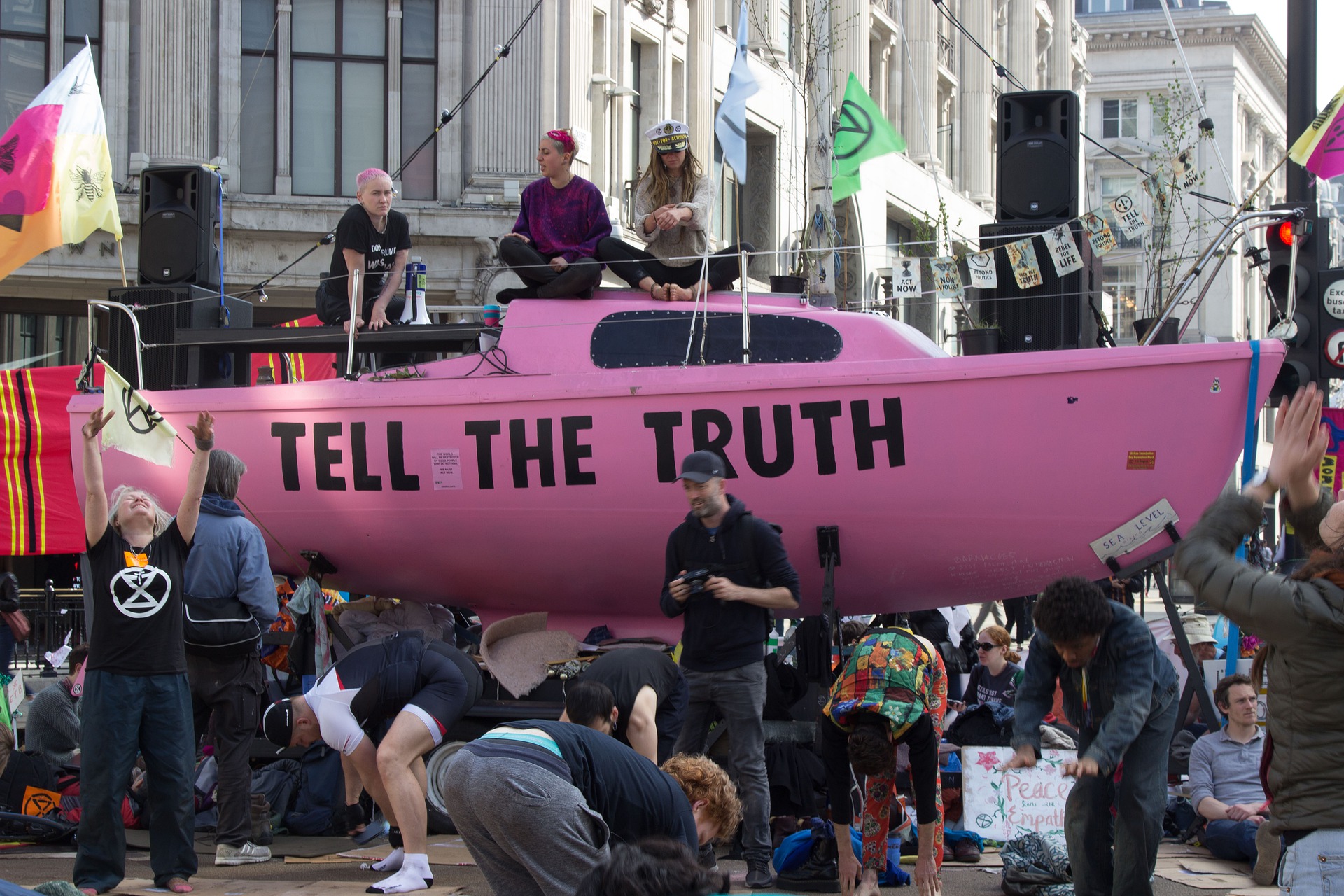 Extinction Rebellion pink boat reading "Tell the truth"
