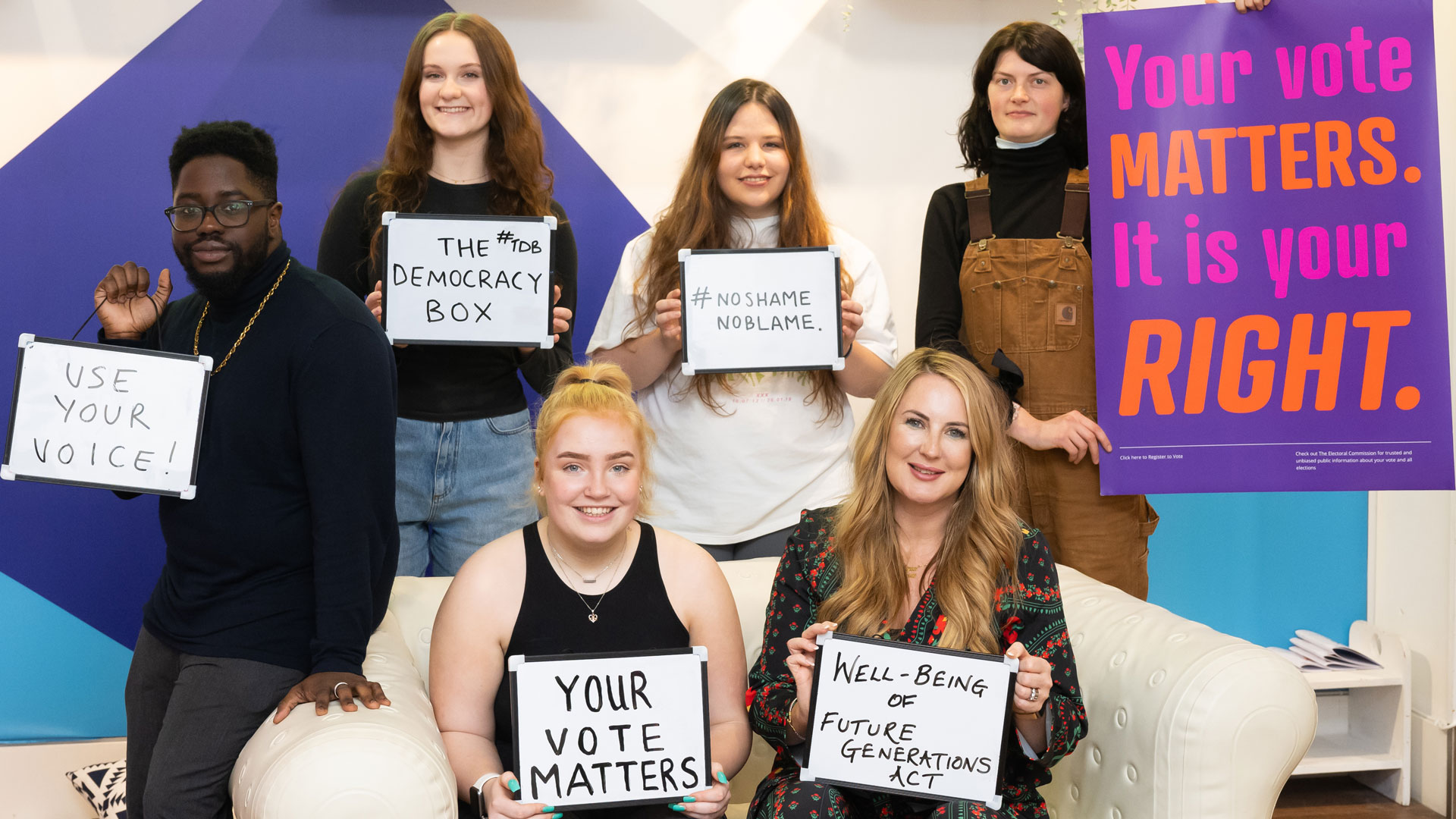 The Democracy Box's Josh White (Blank Face); Lola Evans; Katherine Rees; Tess Honorwood; Emily Mae Jones; and Future Generations Commissioner for Wales, Sophie Howe, send a message ahead of the local elections