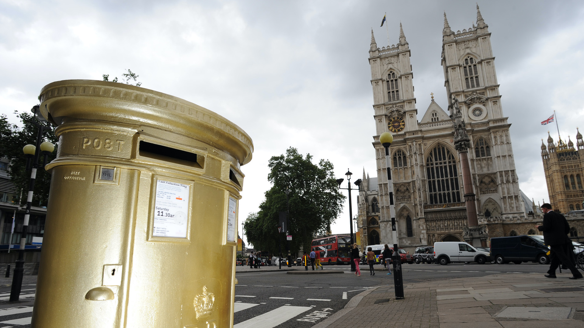 A golden Royal Mail letterbox in Westminster marks TeamGB's success at the London 2012 Olympic Games