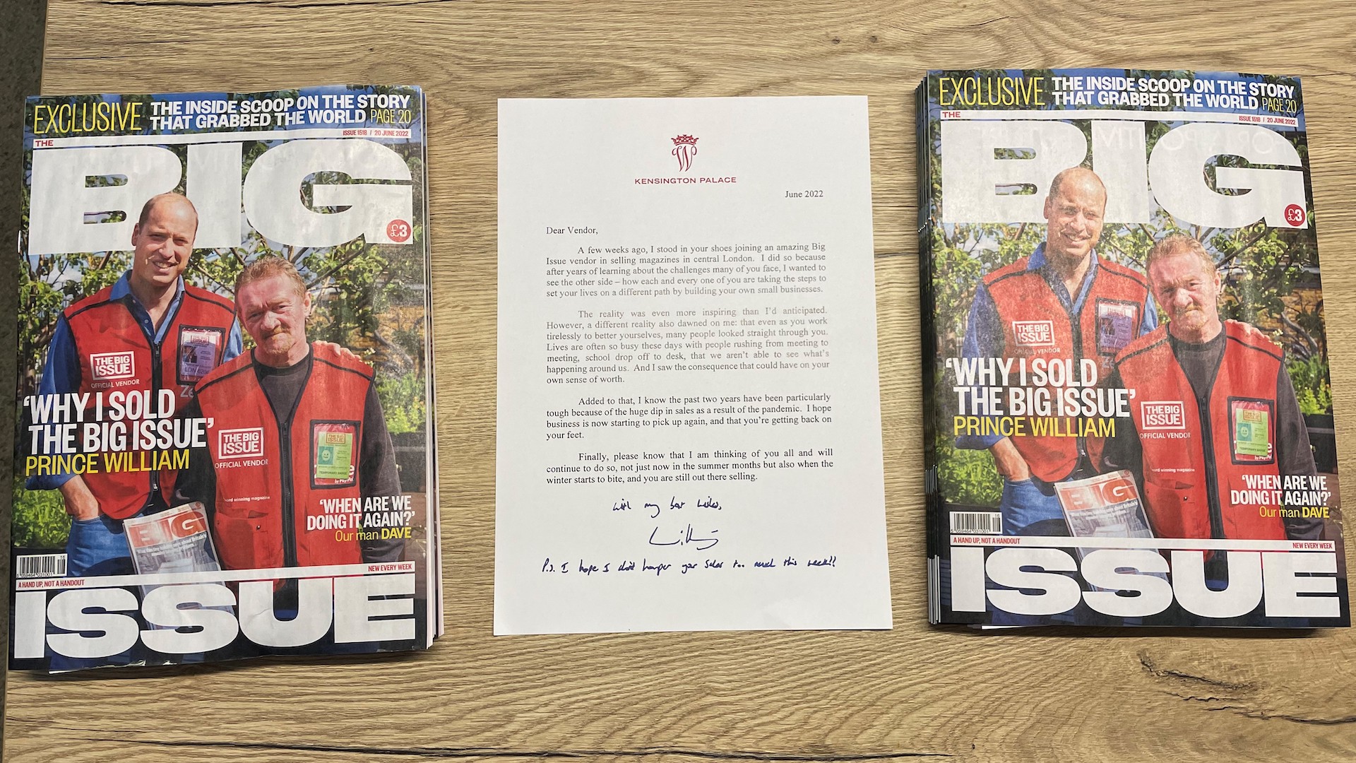 The letter to Big Issue sellers from Prince William sits between copies of the magazine with him on the cover