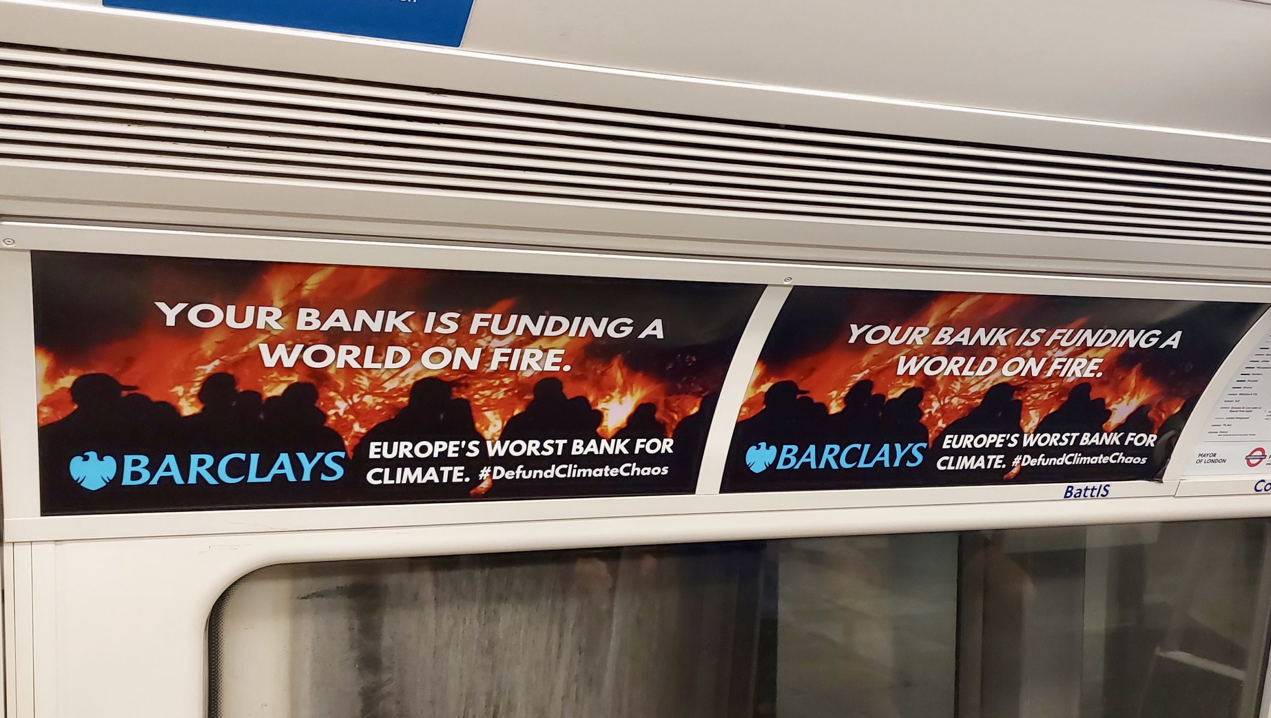 Spoof tube adverts that state "Your banking is funding a world on fire"