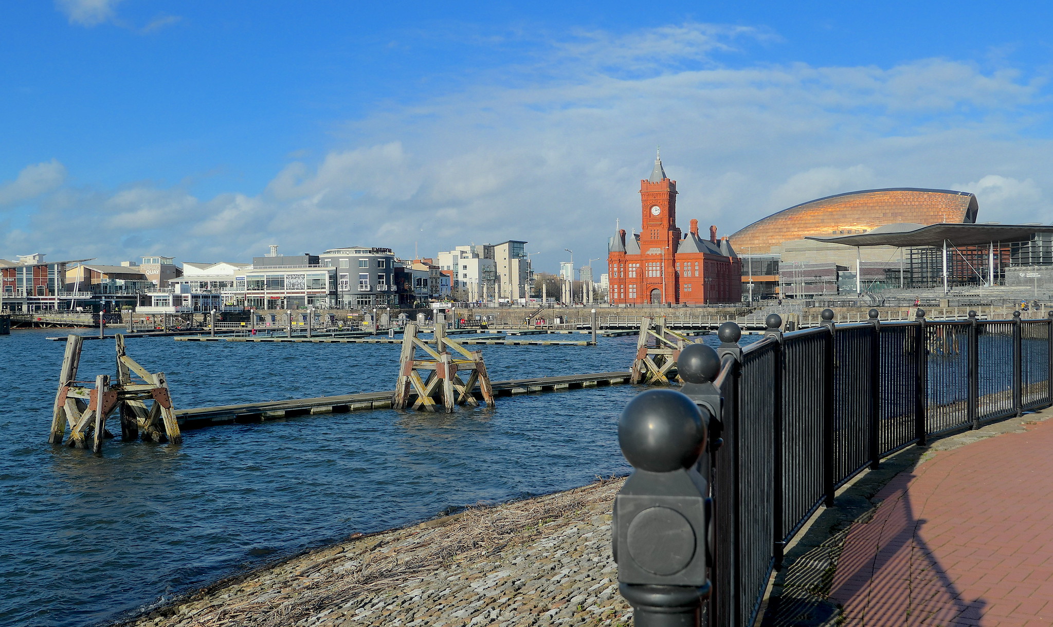 Cardiff Bay with old coal hoists in the water