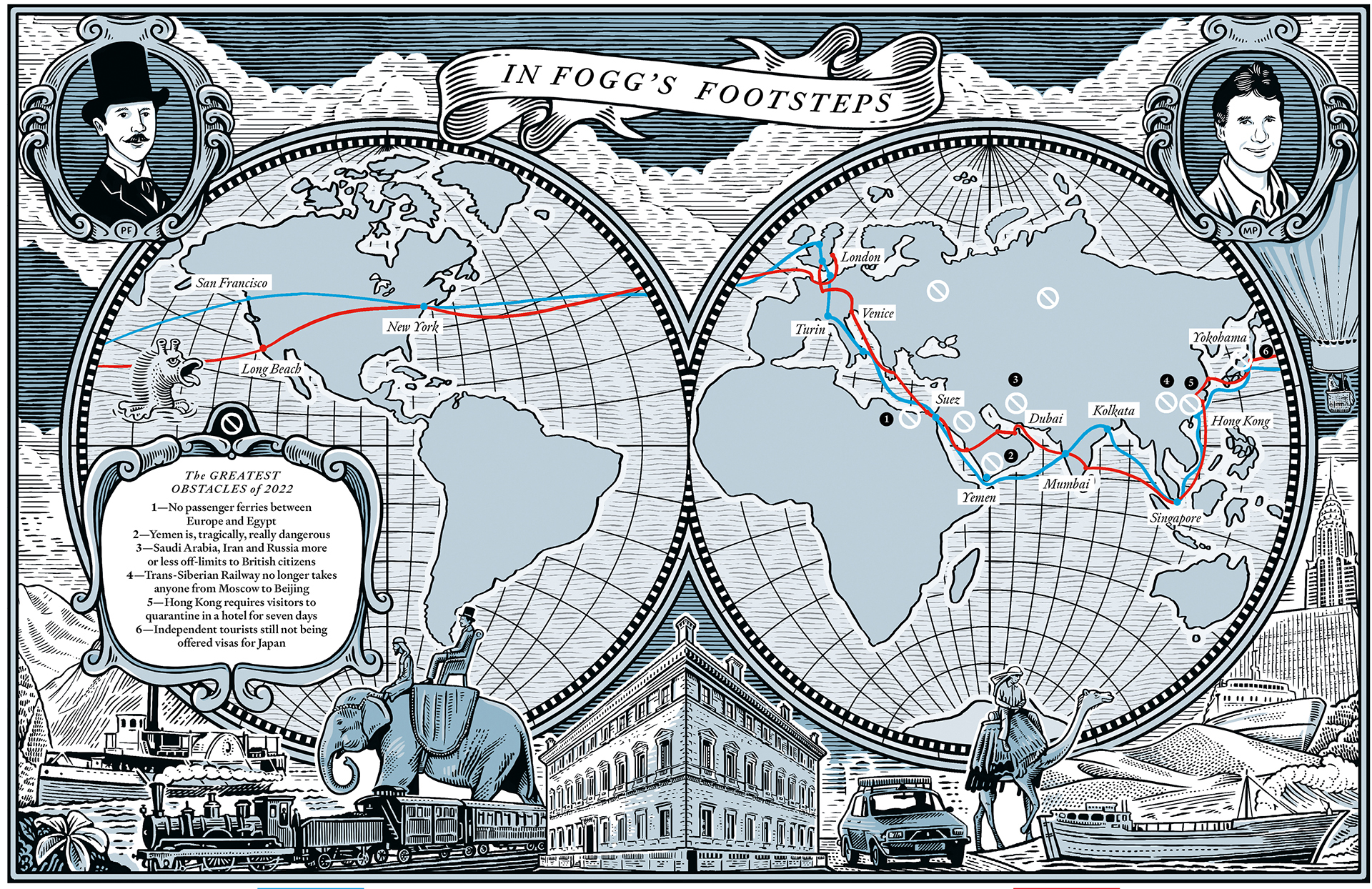 Map of the world showws Phileas Fogg's journey and Michael Palin's