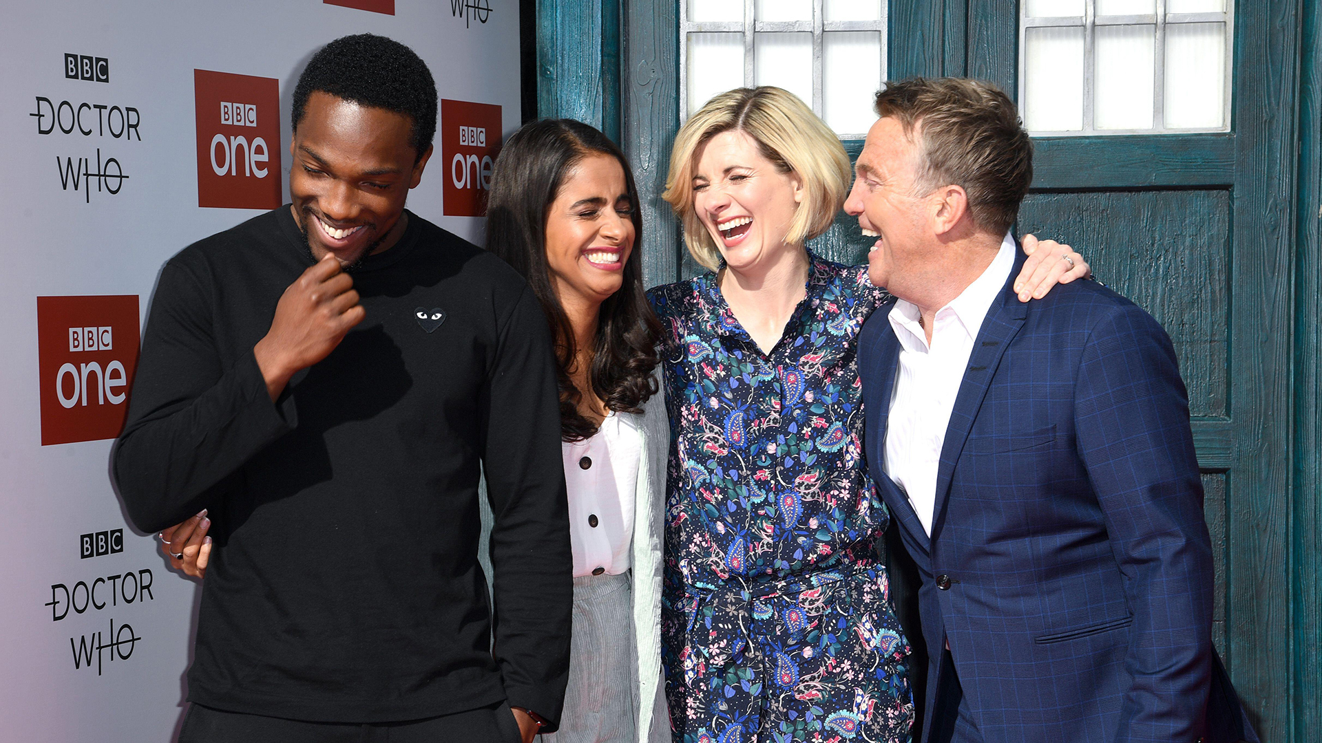 Castmates Tosin Cole, Mandip Gill and Bradley Walsh join Jodie Whittaker at the Sheffield premiere of her first Doctor Who adventure The Woman Who Fell to Earth in 2018. Photo: Doug Peters/EMPICS