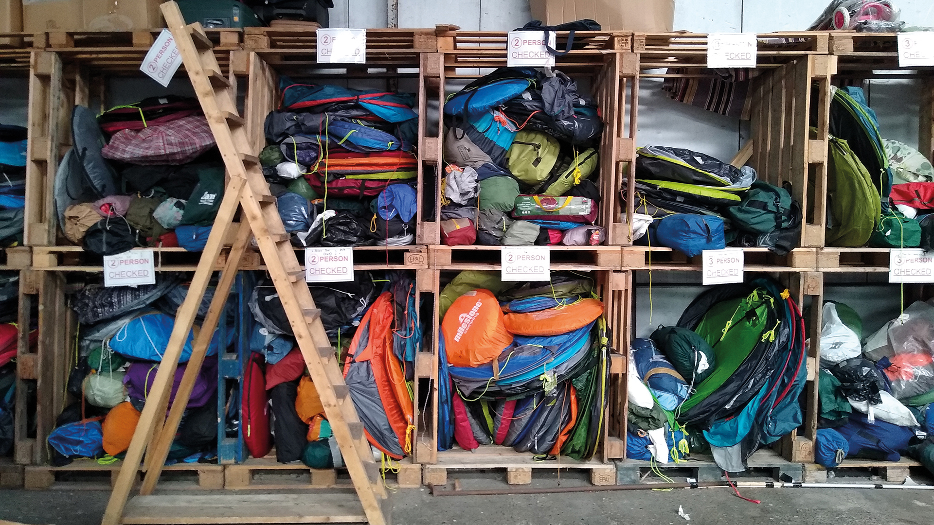 The warehouse relies on a constant supply of donated camping gear and clothing