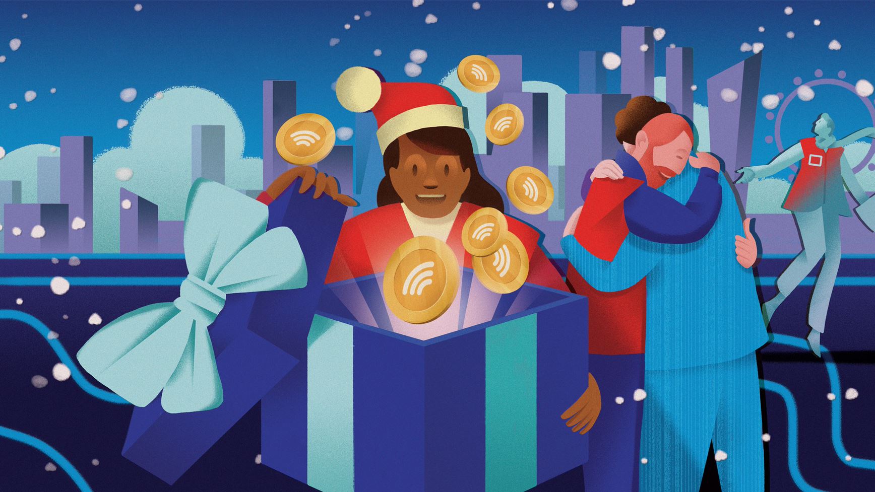 An illustration of a person struggling with digital poverty in the snow, wearing a Santa hat, opening a gift containing data while two men hug behind her, with a stylised London skyline as the backdrop