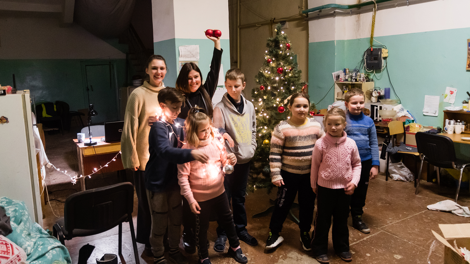 Families get festive in their Ukraine bunker