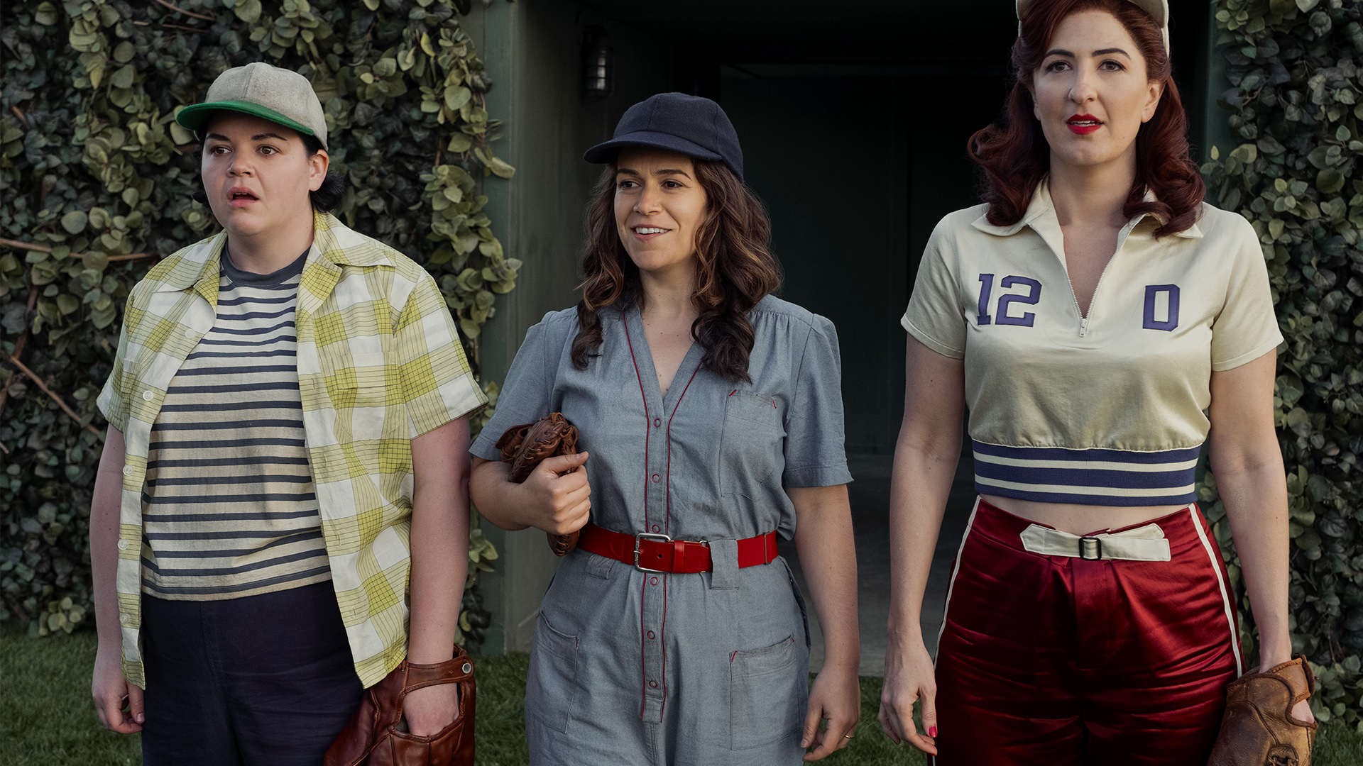 Melanie Field, Abbi Jacobson and D'Arcy Carden in A League of Their Own. Image: Sky