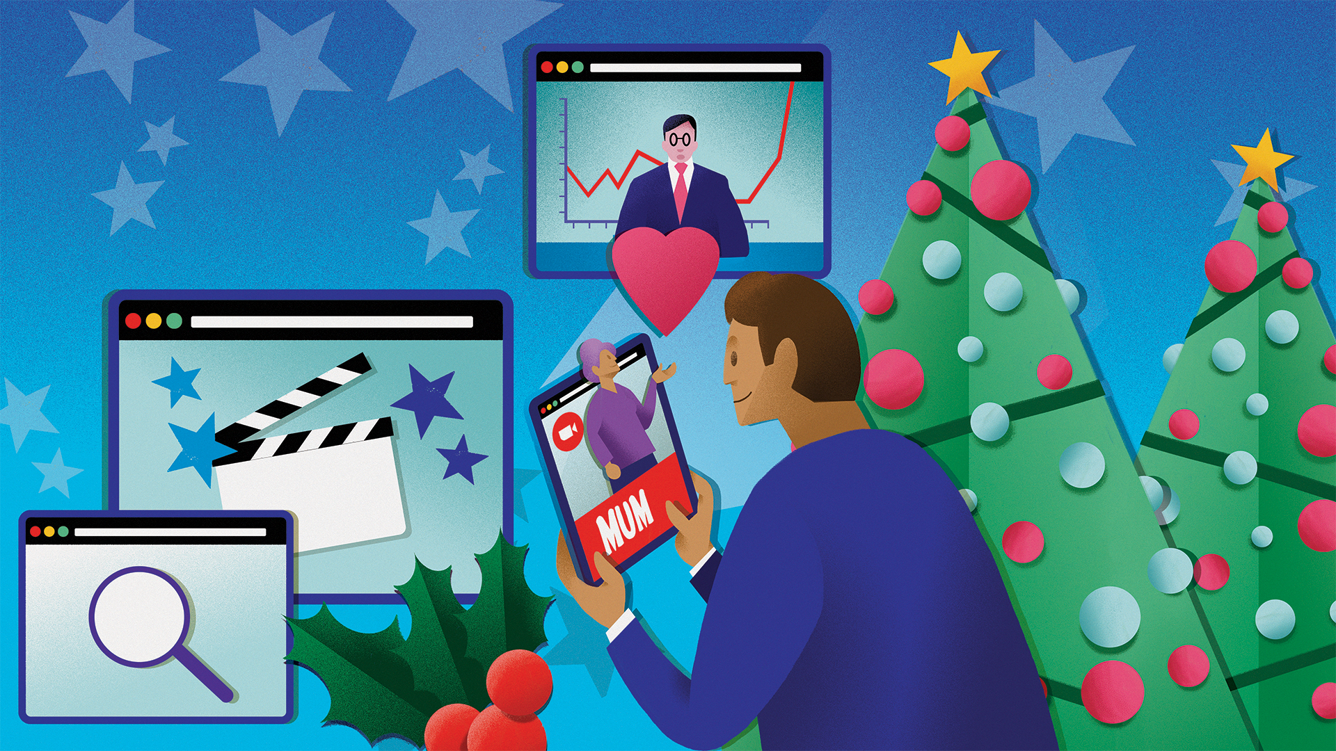 An illustration of a man looking at an iPad, talking to his Mum, surrounded by Christmas Trees, other computer windows show various uses for data/