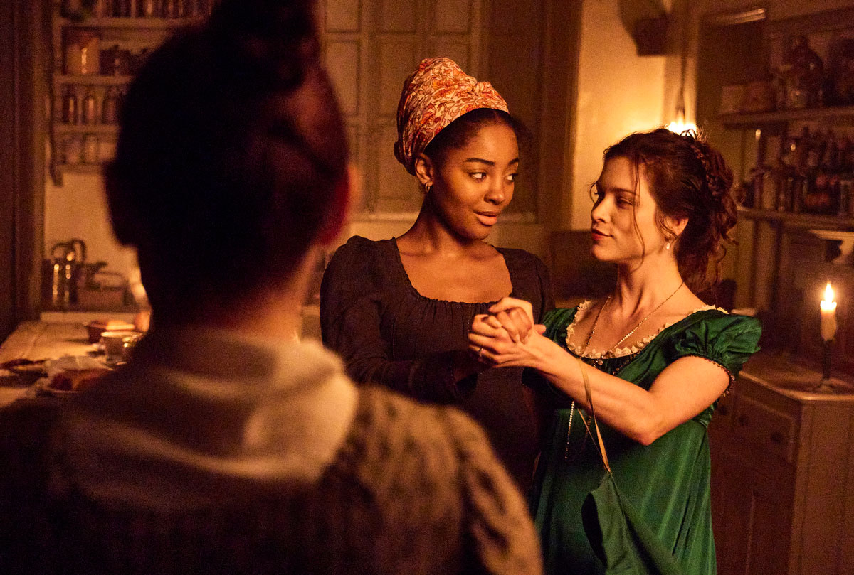 Pooky Quesnell as Linux, Karla Simone-Spence as Frannie and Sophie Cookson as Madame Benham, in The Confessions of Frannie Langton