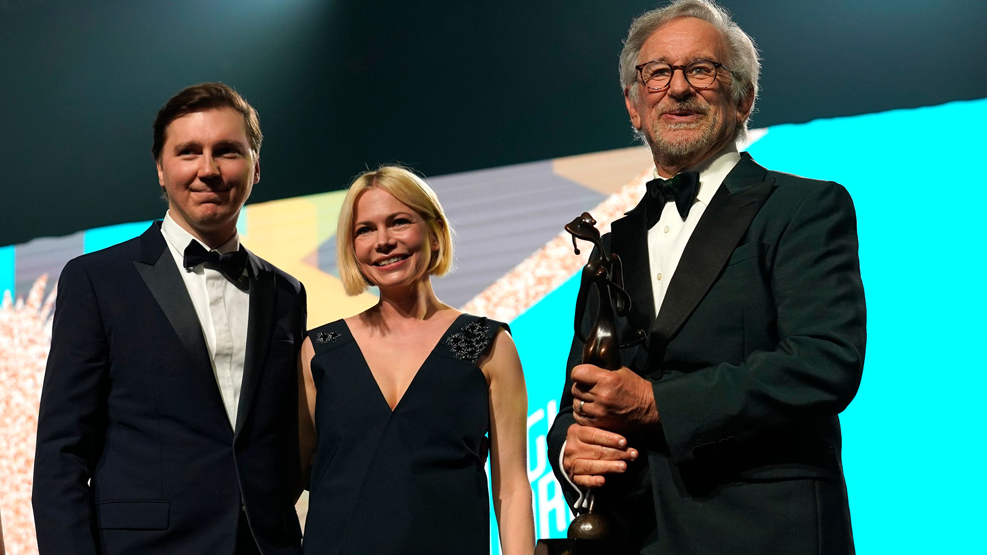 Paul Dano with Fabelmans co-star Michelle Williams and Steven Spielberg