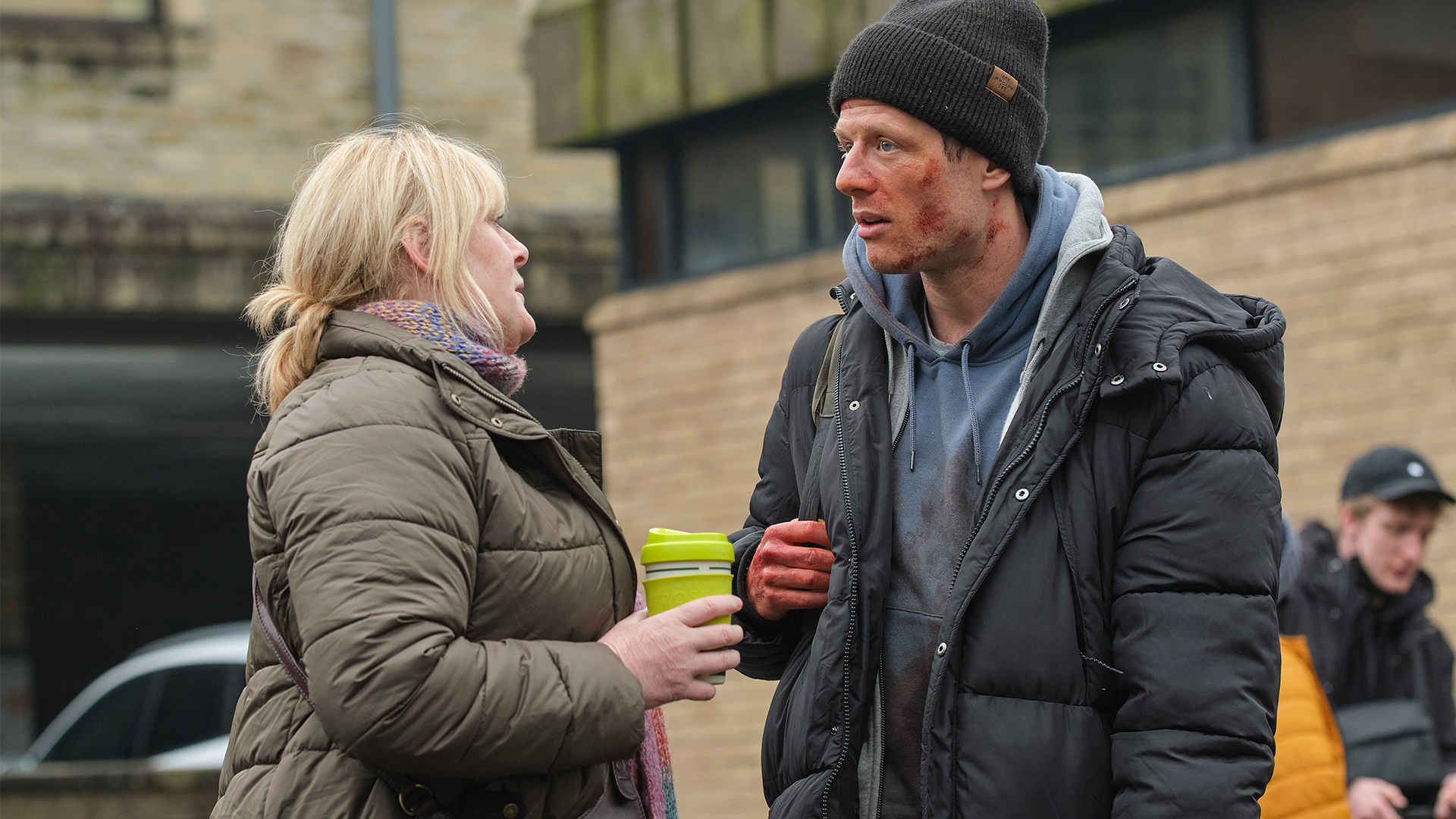 Sarah Lancashire and James Norton talk between takes of the Happy Valley finale