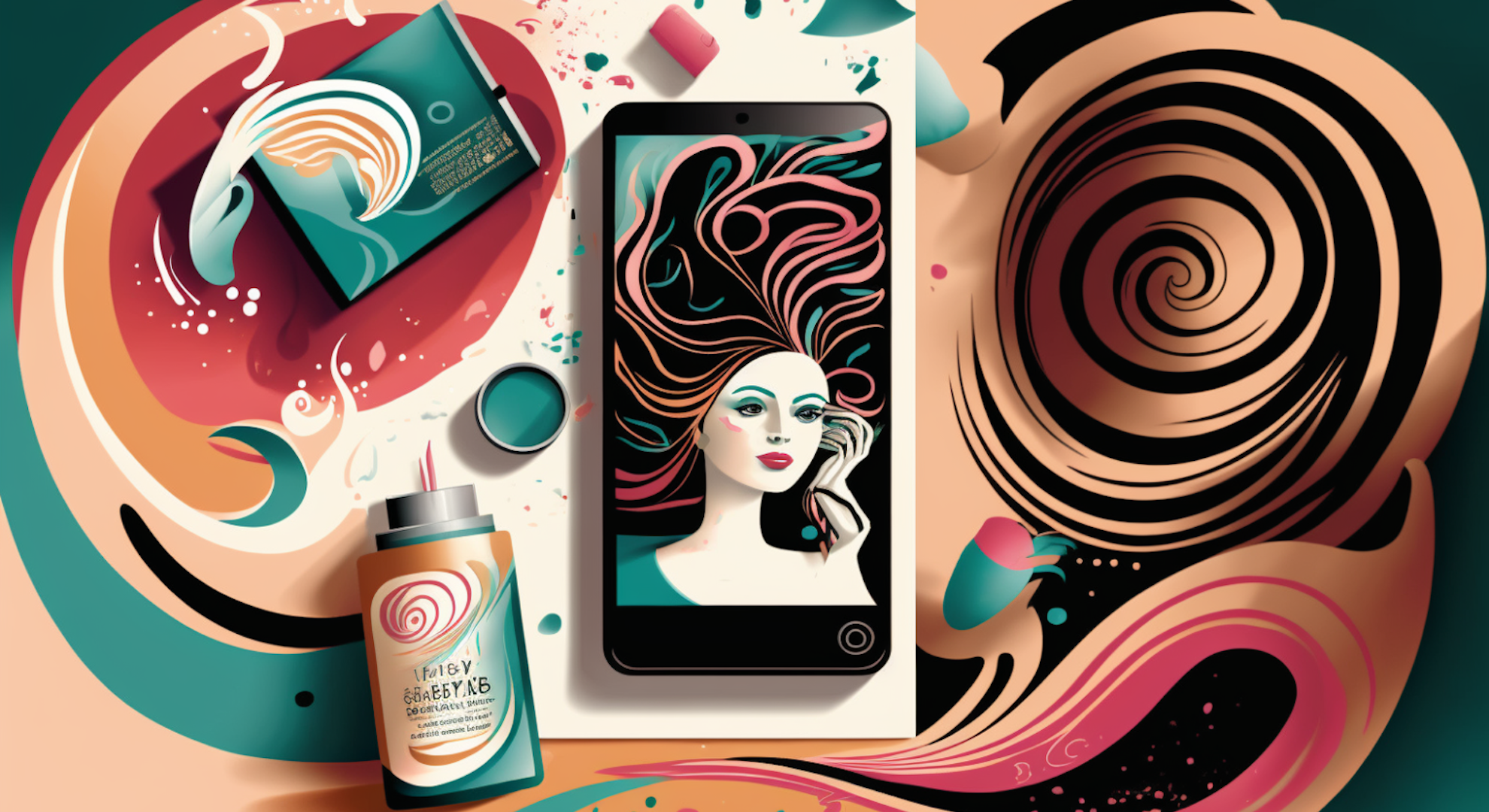 illustration of girl on phone screen with swirl of colours in background