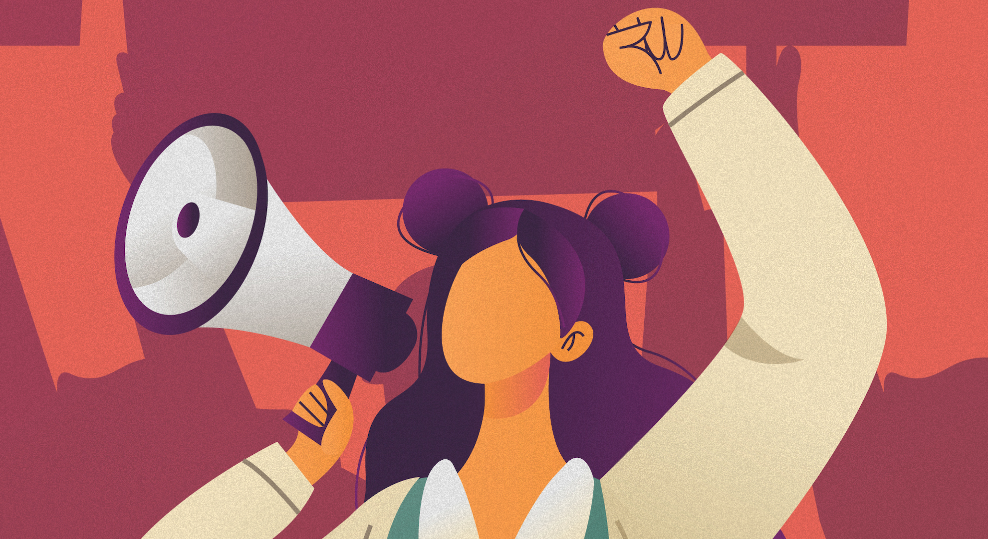 ilustration of girl raising her fist and holding bullhorn for international women's day