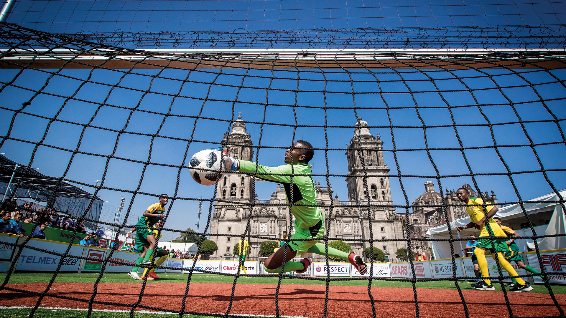 A ball hits the back of the net in Mexico City