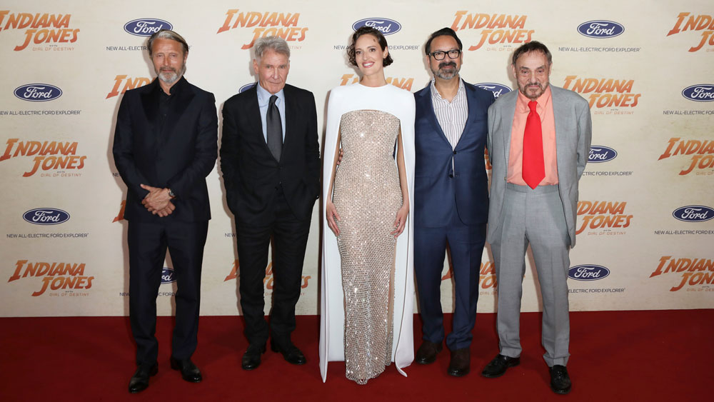 Mads Mikkelsen, Harrison Ford, Phoebe Waller-Bridge, James Mangold and John Rhys-Davies attend the UK Premiere of Lucasfilm’ "Indiana Jones and the Dial of Destiny" in Leicester Square on June 26, 2023 in London, UK.