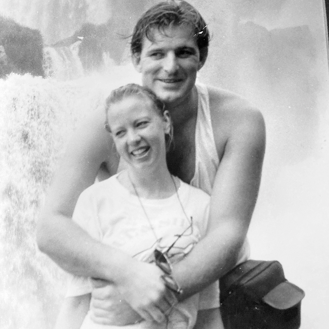 Deborah Meaden and husband Paul at a waterfall (black and white)