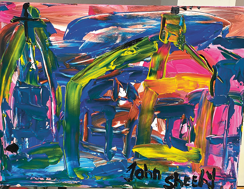 Abstract painting in blue, pink and green