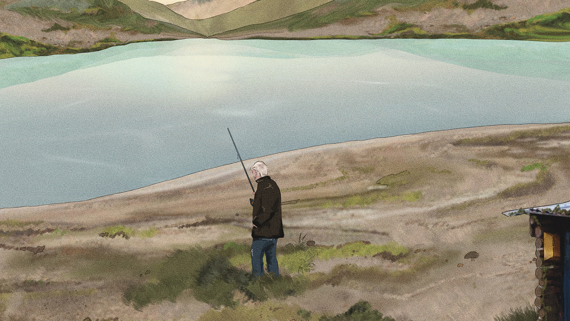 Illustration of a man next to a lake
