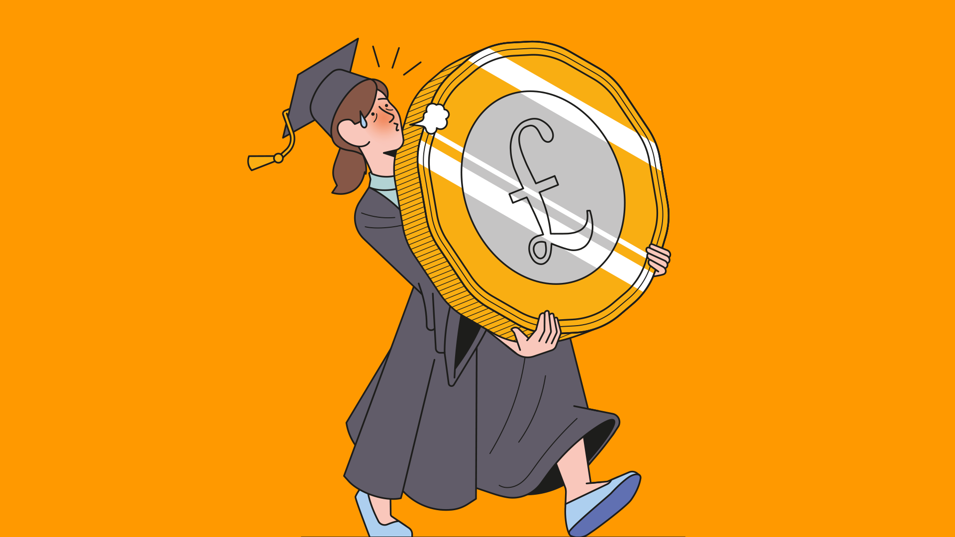 Illustration of a student struggling while carrying a heavy coin