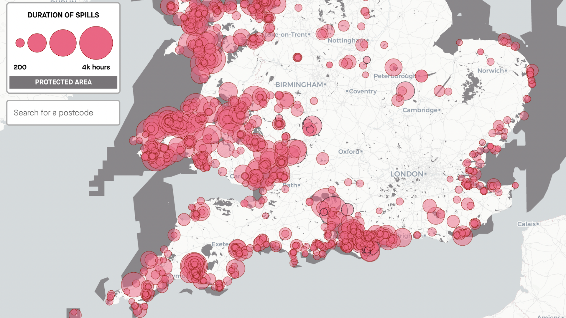 Red dots across a map of England and Wales show the breadth of sewage spills in protected areas