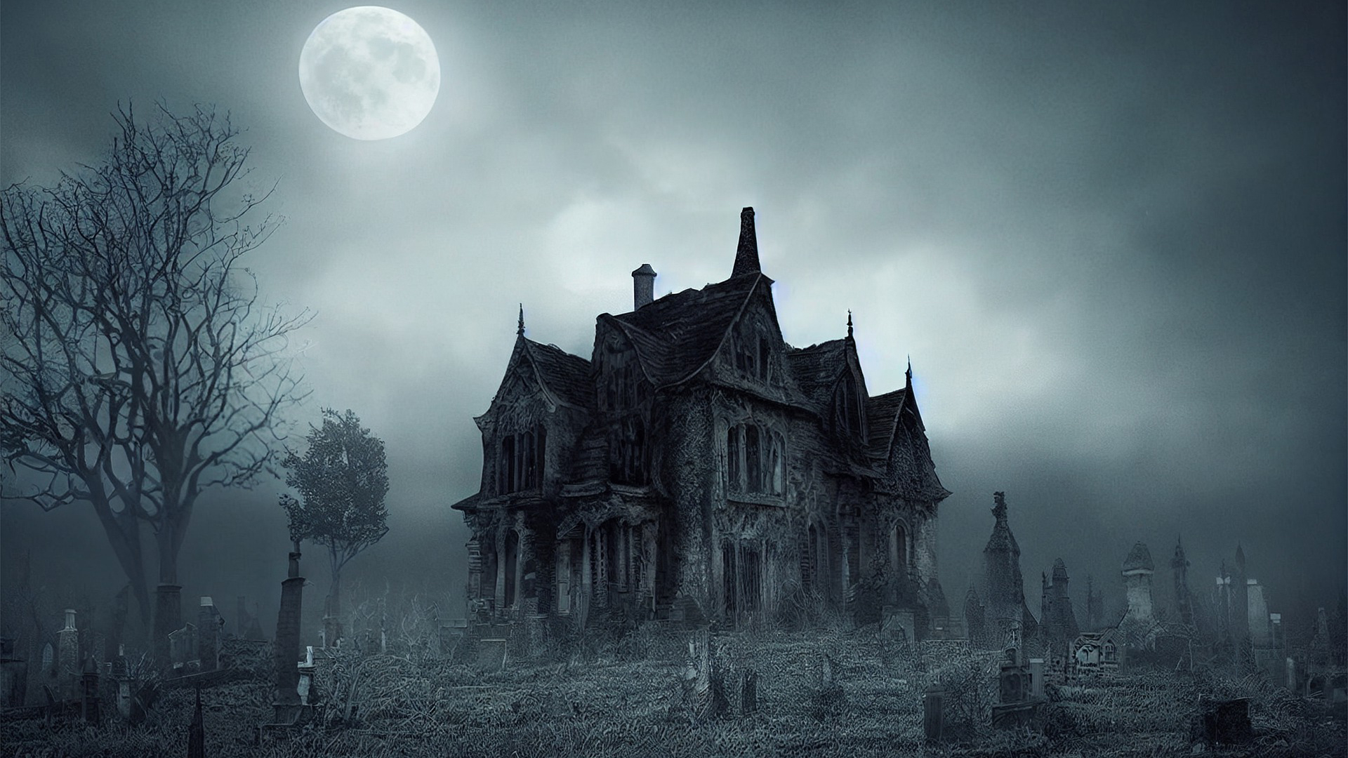 A haunted house in a graveyard with a full moon