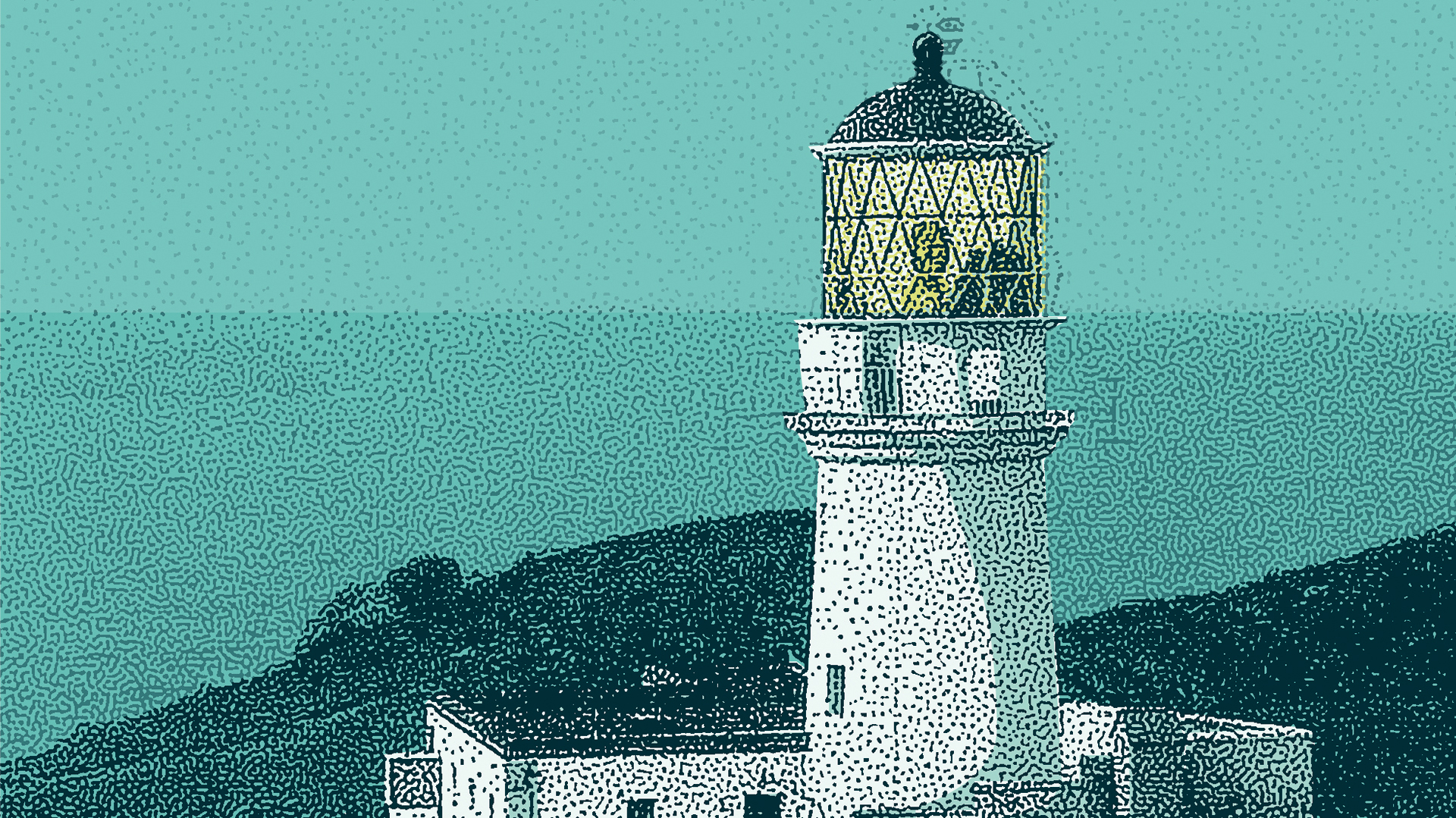 An illustration of a white lighthouse and the blue sea