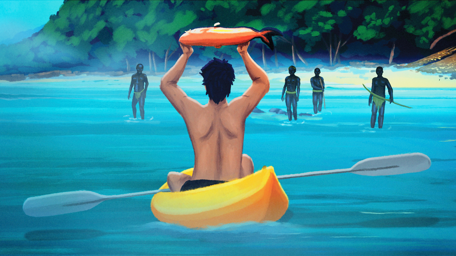 animated scene of man in kayak being approached by people on a beach