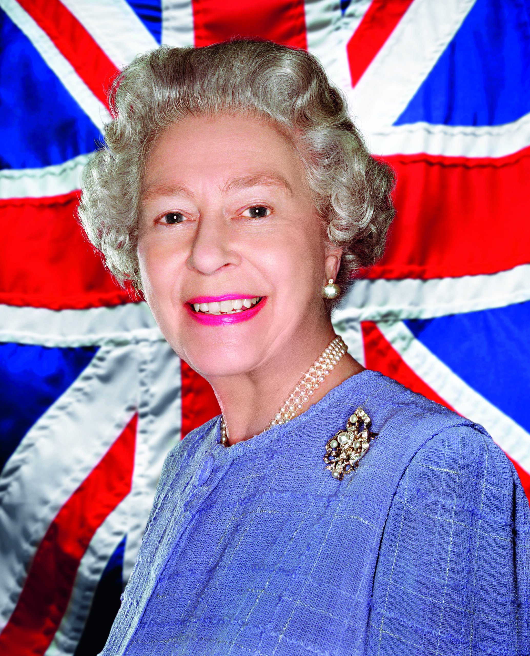 Queen Elizabeth agaisnt a Union Jack flag